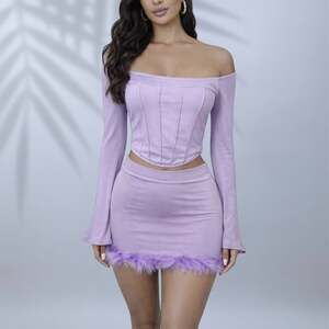 Purple Lilac Long Sleeve Corset Top and Feather Trim Mini Skirt Set ✧ M